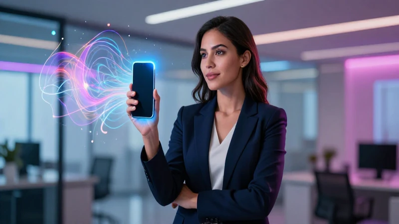Mujer mexicana profesional, audaz con su smartphone en oficina