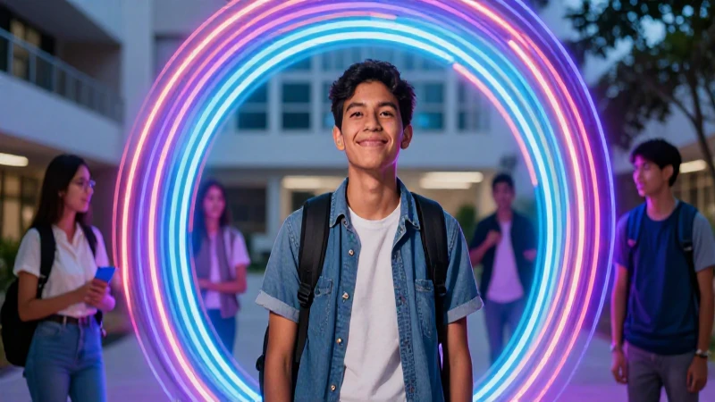 Estudiante mexicano espera ante un portal vibrante