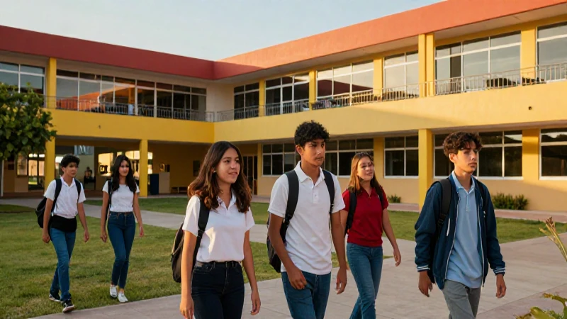 Alumnos mexicanos en campus moderno con luz dorada