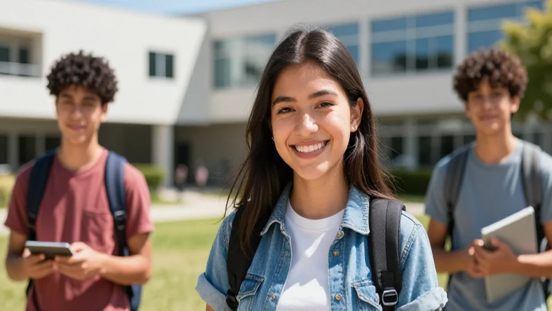 Sonrisa joven mexicana en campus vibrante