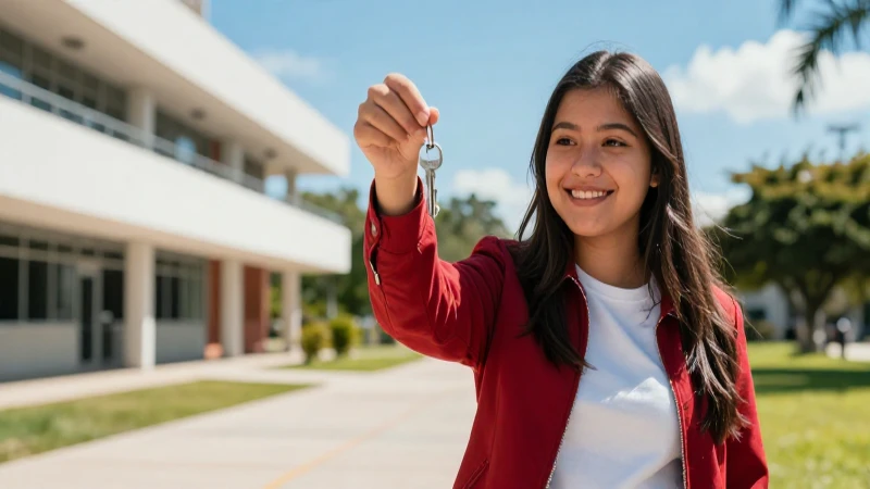 Estudiante mexicano y clave brillante en campus moderno