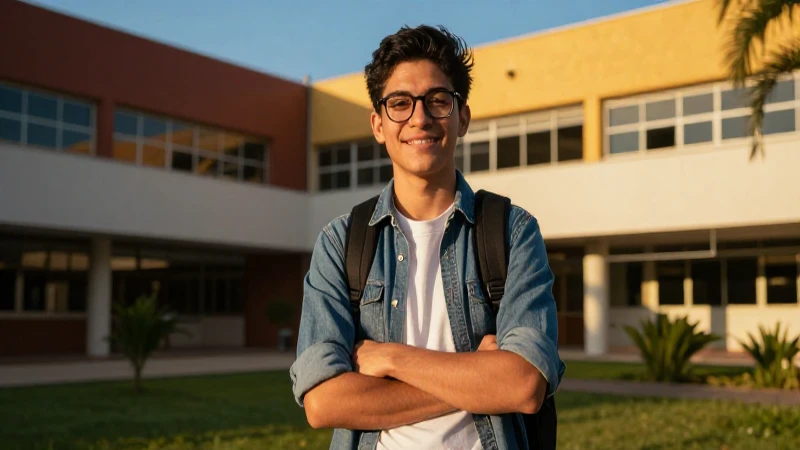Estudiante universitario mexicano con luz dorada y alto detalle