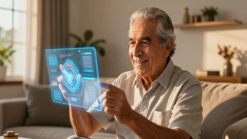 Hombre mexicano mayor interactúa con tecnología dorada