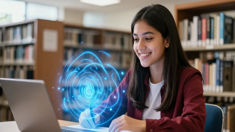 Joven mexicana en biblioteca moderna