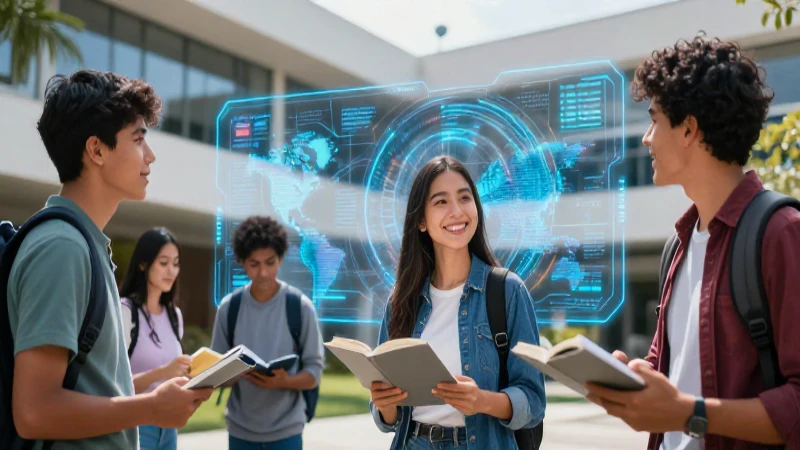 Estudiante en campus con interfaz digital futurista