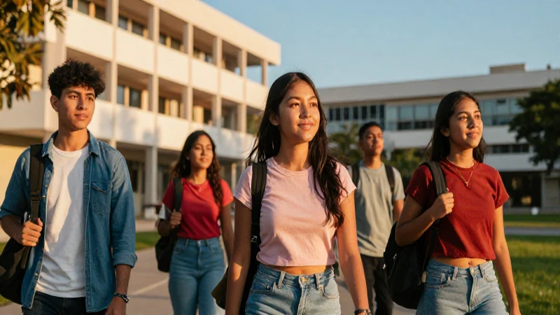 Jóvenes mexicanos en campus con luz dorada