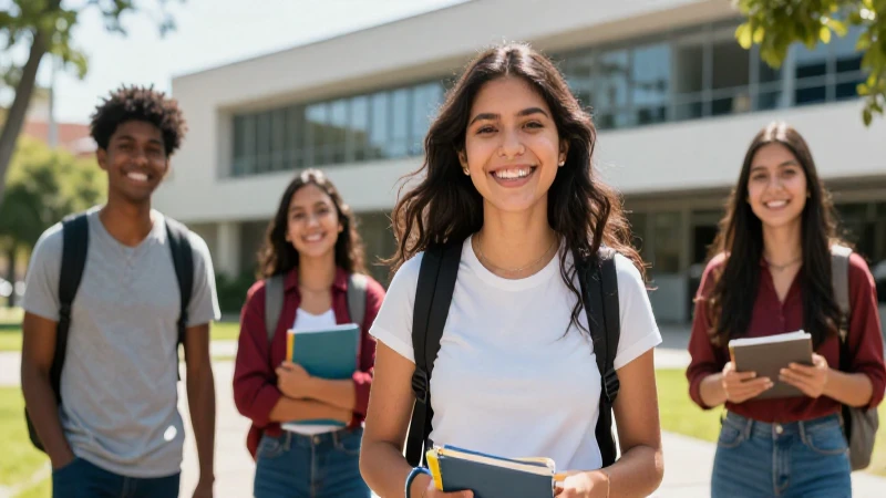 Estudiante mexicano sonriente, éxito en universidad moderna