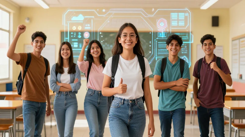 Felices estudiantes mexicanos en aula futurista