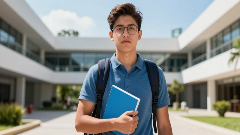 Joven estudiante mexicano en campus moderno