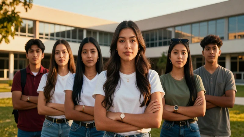 Ambiciosos estudiantes mexicanos en campus moderno