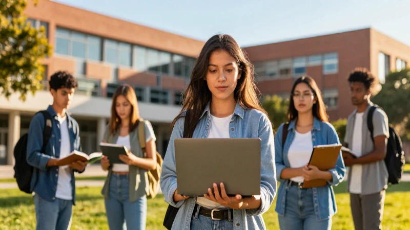 Estudiante mexicano en campus moderno y vibrante