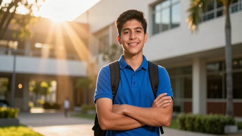 Estudiante mexicano exitoso en campus moderno