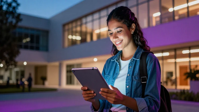Estudiante mexicano sonriente con tablet en campus moderno
