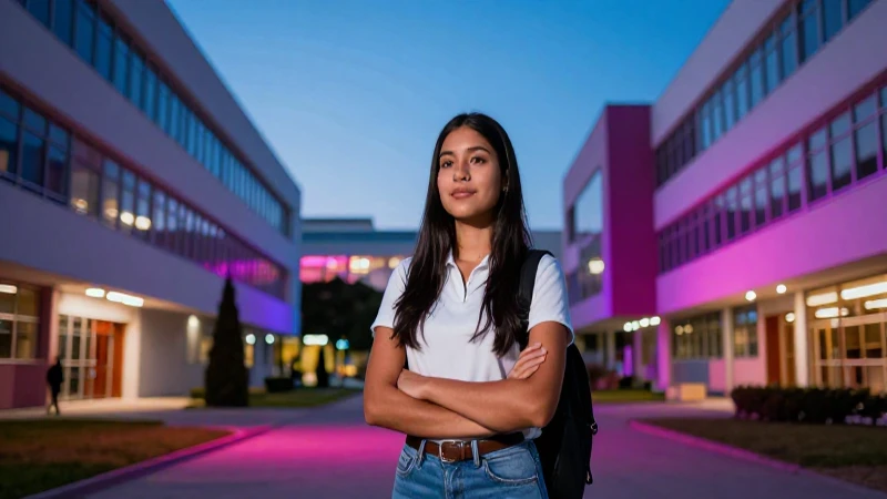 Joven estudiante mexicana en campus moderno, estilo cinemático