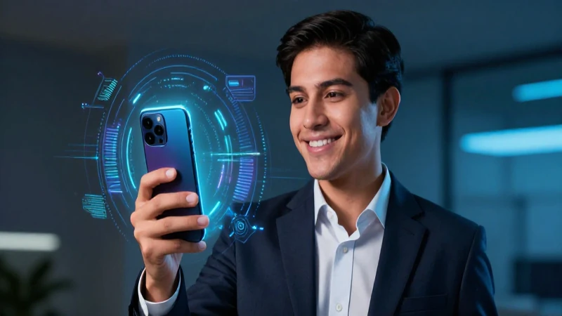 Joven profesional mexicano con smartphone futurista