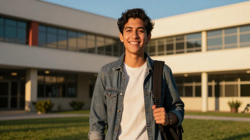 Joven sonriendo en campus moderno y luminoso