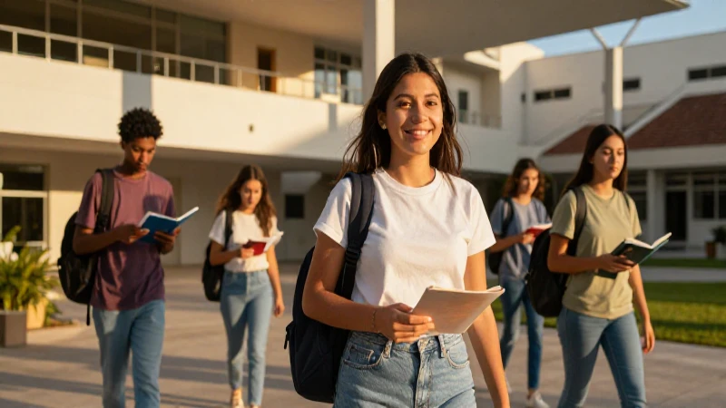 Estudiantes mexicanos en campus moderno con luz cálida
