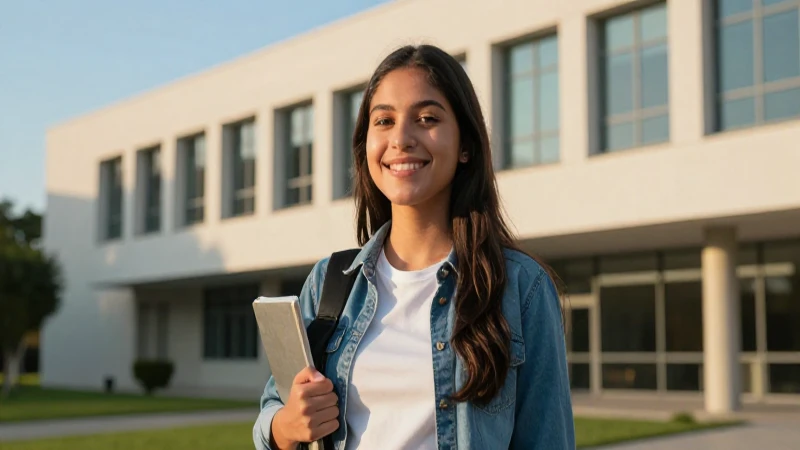 Estudiante mexicana sonriendo en campus moderno