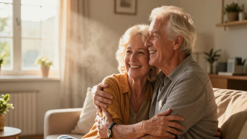 Ancianos felices en un abrazo soleado y cálido