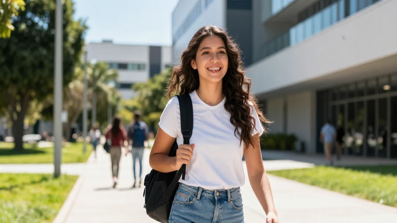 Estudiante mexicana sonriente en campus moderno y vibrante