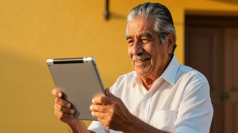 Hombre mexicano mayor sonriendo con tablet