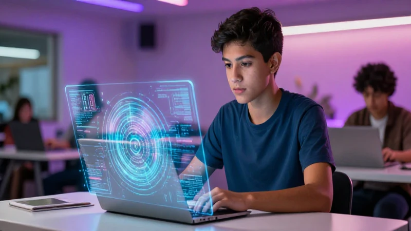 Estudiante mexicano enfocado con código holográfico en campus moderno