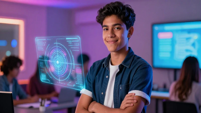 Joven estudiante mexicano con interfaz tecnológica en ambiente moderno