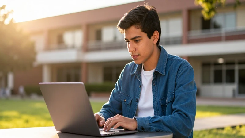 Joven mexicano estudia en campus universitario soleado