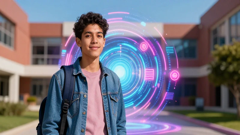 Estudiante mexicano con portal futurista vibrante
