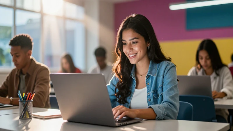 Estudiante mexicana sonríendo en moderna universidad
