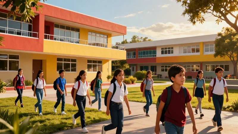 Niños mexicanos en campus vibrante y éxito académico