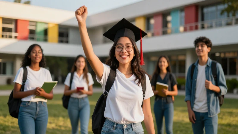 Joven estudiante mexicano celebra logro en campus vibrante