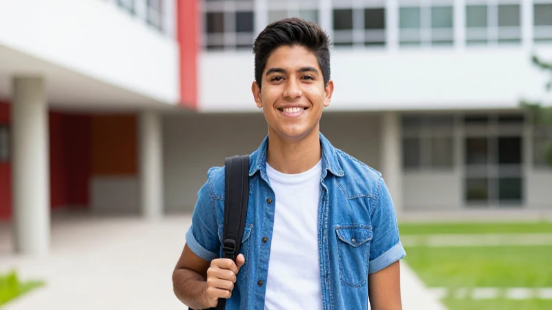 Estudiante mexicano triunfando en campus moderno