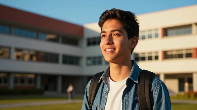 Estudiante mexicano exitoso en campus moderno