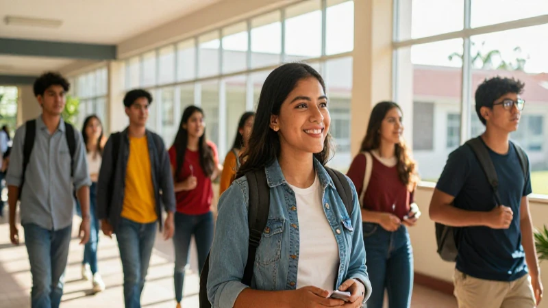 Jóvenes mexicanos en campus moderno y luminoso