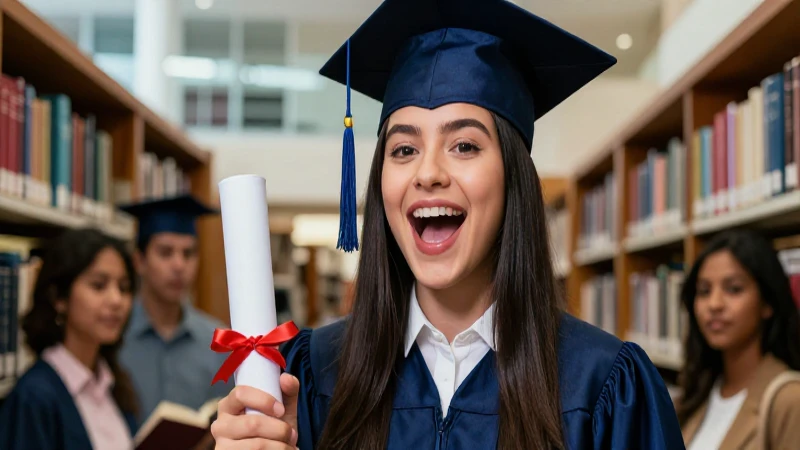 Graduado mexicano triunfal en biblioteca