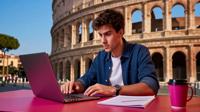 Académico en estudio moderno con fondo italiano antiguo