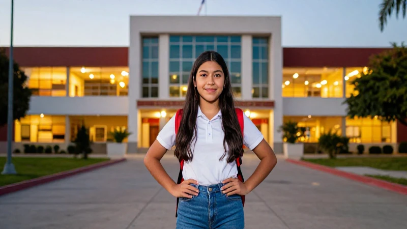 Estudiante mexicano en campus iluminado con estilo cinematográfico