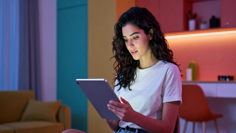 Mujer mexicana moderna usa tablet en apartamento chic