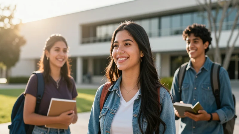 Joven mexicano sonriente en moderno campus universitario