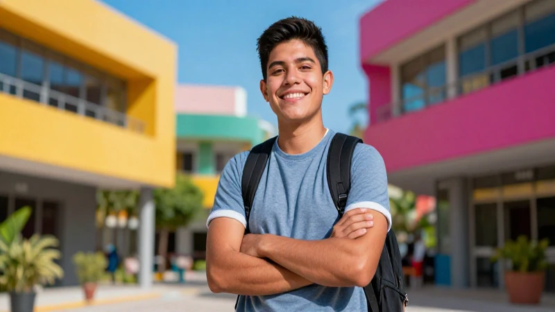 Joven universitaria mexicana alegre y exitosa en su campus
