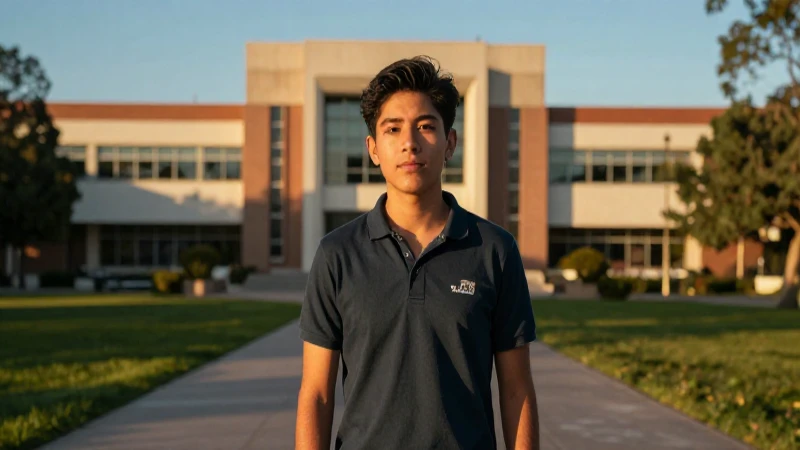 Joven mexicano en campus universitario moderno
