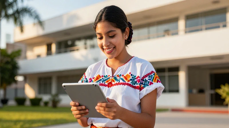 Joven mexicana estudia tablet en campus moderno
