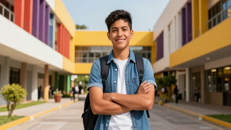 Retrato de estudiante mexicano exitoso en campus universitario