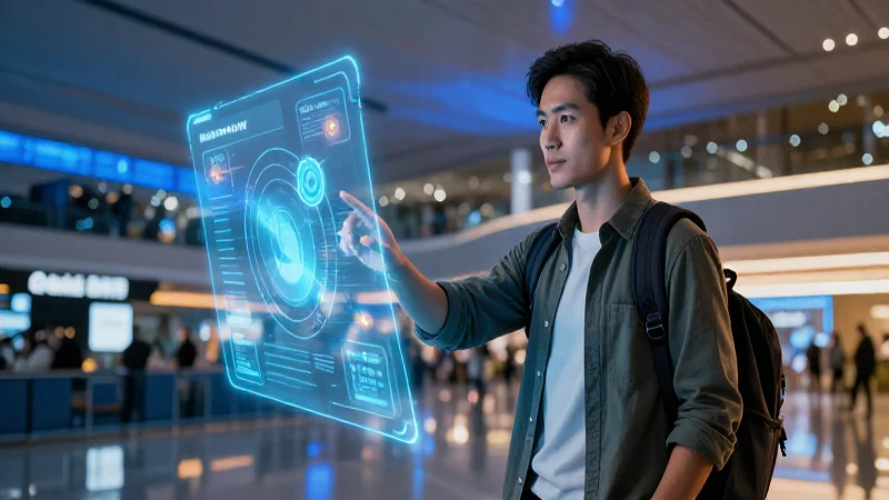 Viajero futurista interactúa con holograma en aeropuerto