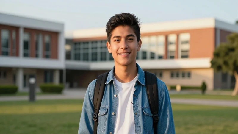 Estudiante mexicano en campus universitario con iluminación cálida