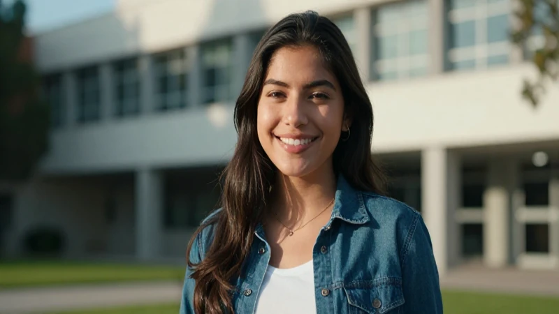 Estudiante mexicana sonriente en campus moderno