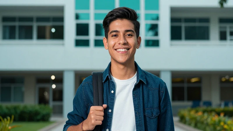 Estudiante sonriente en campus moderno