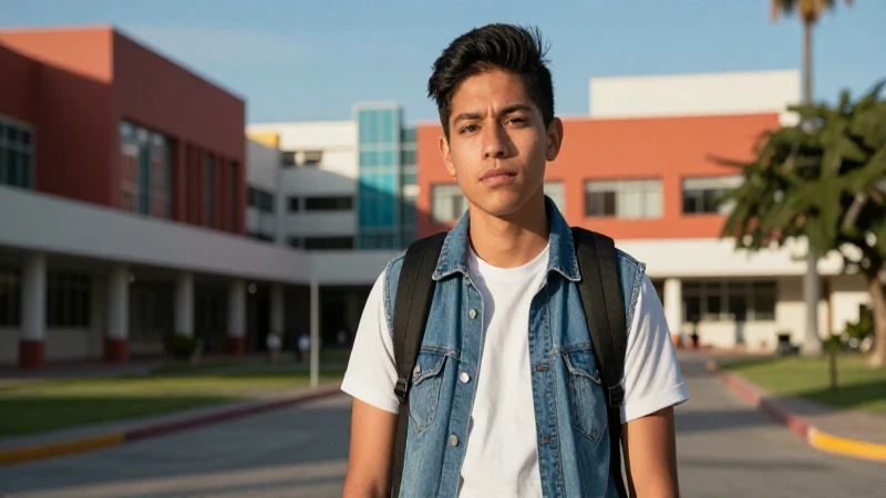 Estudiante mexicano dinámico en campus universitario soleado