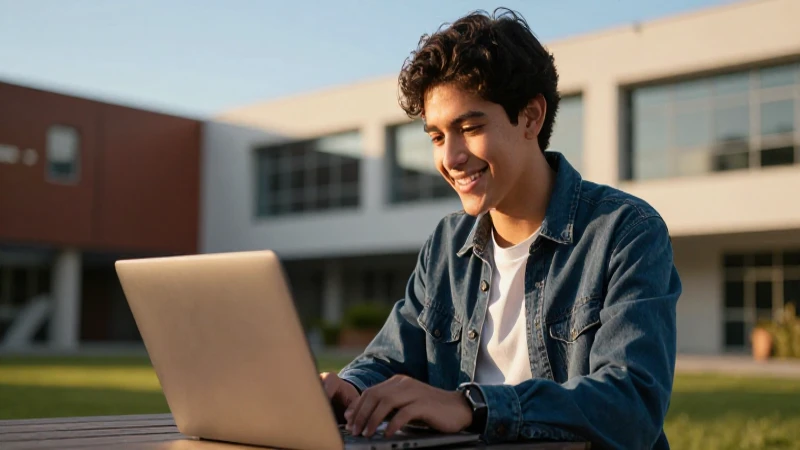 Estudiante mexicano sonríe frente a la inscripción